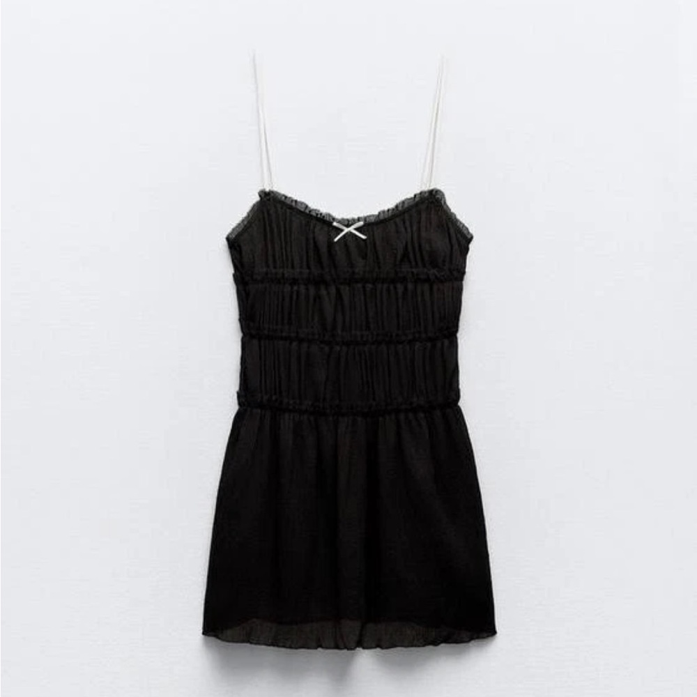 Zara Little Bow Black Spaghetti Strap Mini Dress